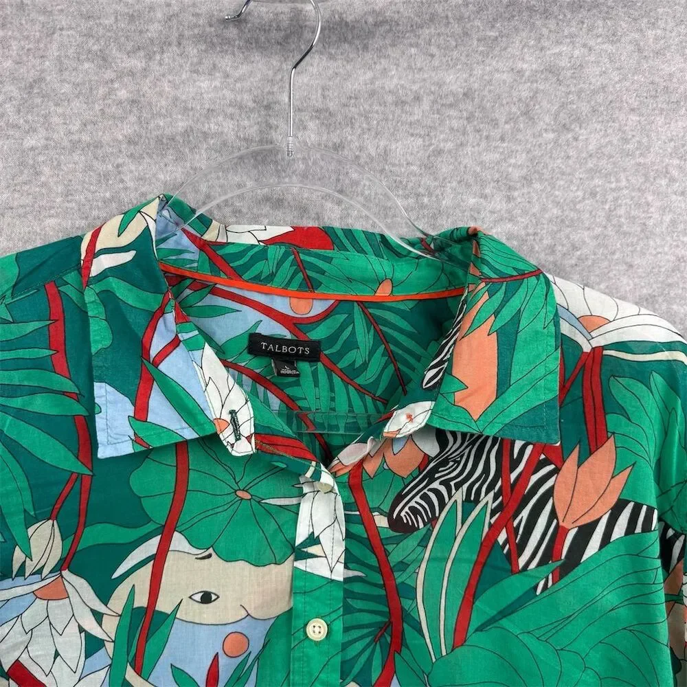 Talbots Women's Cotton Jungle Print Blouse Green Long Sleeve Size Large - Picture 2 of 10